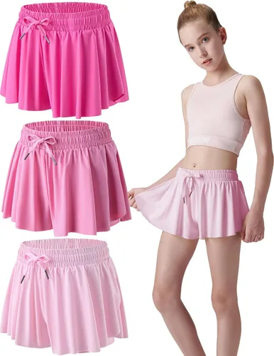 Miniatura 97 de Paquete de 3 pantalones cortos fluidos para niñas con forro de elastano, 2 en 1, faldas de mariposa para jóvenes, para fitness, correr, deportes