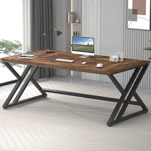 LVB - Escritorio para computadora de 70.8" de madera industrial extralargo para oficina en casa, escritorio grande rústico moderno de metal para