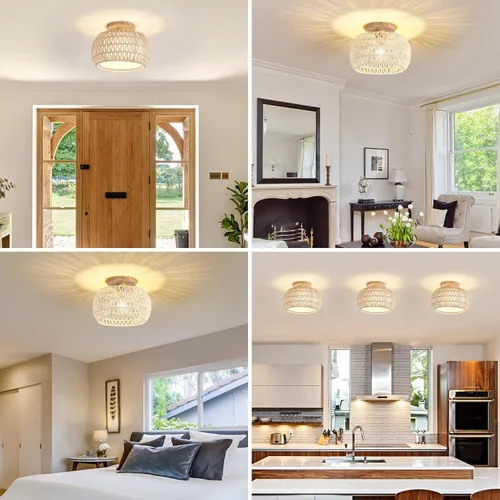Miniatura 4 de Lámpara de techo de ratán bohemio, 3 opciones de estilo, luces de techo de mimbre semiempotradas, accesorios de luz costera beige, candelabro