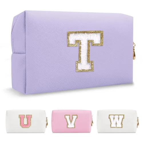 Miniatura 118 de Pequeña bolsa de maquillaje personalizada con inicial A-Z Preppy Patch, bolsa de cosméticos de viaje de felpilla blanca con cremallera, bonita bolsa