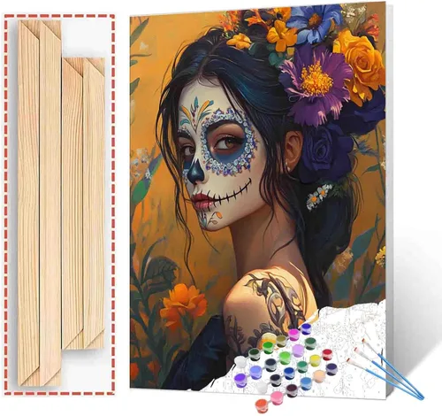 Miniatura 28 de Pintura por números para parejas tomadas de la mano, para adultos, principiantes, Día de los Muertos, Esqueleto, Pintura por números sobre lienzo