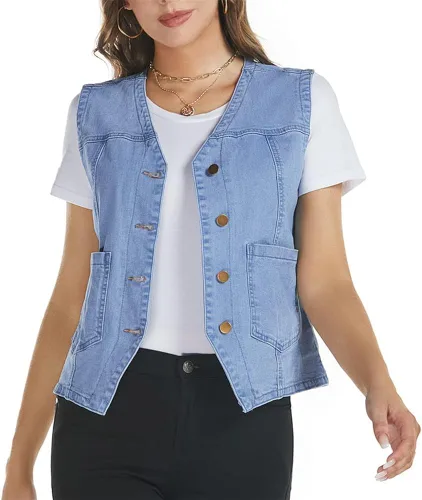 Miniatura 3 de Kedera Chaleco de mezclilla sin mangas para mujer, cuello en V, abotonado, ligero, chaqueta de mezclilla