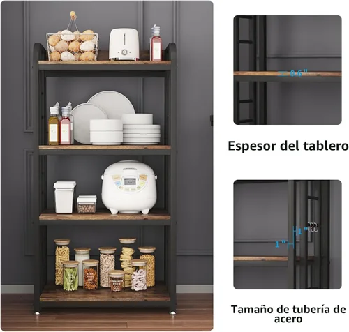 Miniatura 7 de Soporte para horno microondas con almacenamiento de 4 niveles, soporte independiente para horno microondas con barra de café, estantes ajustables