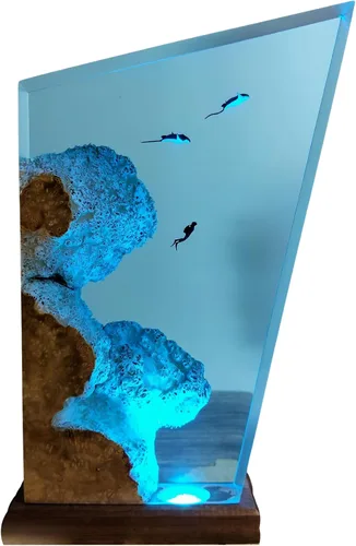 Miniatura 2 de Manta Ray and Diver - Lámpara de madera de resina para buceo, lámpara de mar azul profundo, diorama temático del océano, lámpara de rayas de rayas