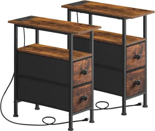 Miniatura 17 de HOOBRO Mesa auxiliar con estación de carga, mesa auxiliar estrecha con 2 cajones de tela, mesita de noche delgada con almacenamiento, mesita de Negro