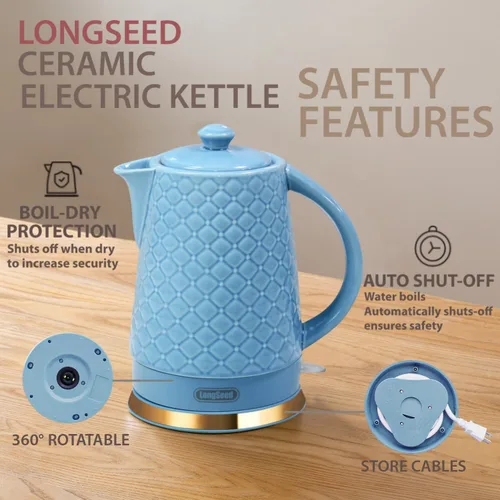 Miniatura 7 de Hervidor eléctrico de cerámica, 1.5L/1200W hierve agua rápida y fácilmente con protección contra hervido en seco y apagado automático, base Azul
