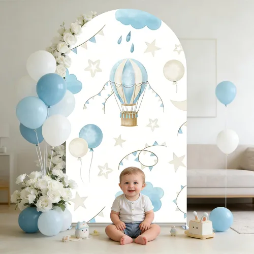 Miniatura 3 de FiVan Cubierta de fondo de arco de elastano, globo aerostático, cubierta de fondo azul para decoración de fiesta de cumpleaños de bebé, baby shower