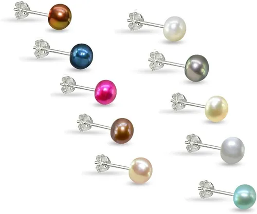 Miniatura 2 de Pendientes de botón de perlas de agua dulce cultivadas de plata de ley de 0.217-0.236 in, opciones de color y conjunto
