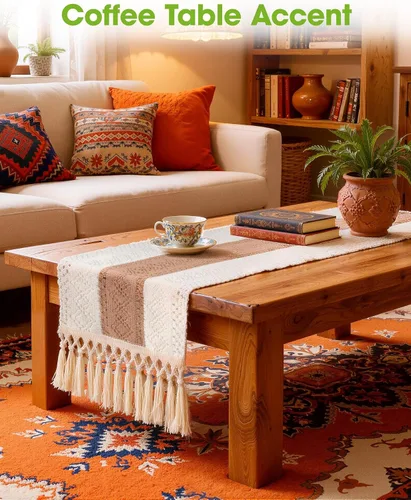 Miniatura 7 de Pureegg Camino de mesa bohemio de granja – 48 pulgadas, diseño de borla tejida con textura de lino para decoración de mesa de comedor, cocina, mesa