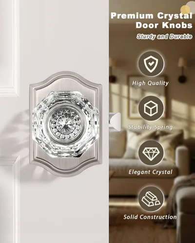 Miniatura 5 de Gobrico Paquete de 3 pomos de puerta de cristal transparente, manijas de puerta de cama/baño, función de privacidad, perilla interior de vidrio