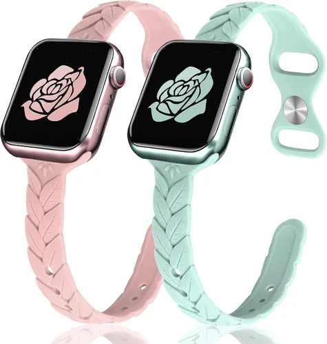 Miniatura 12 de JR.DM - Paquete de 2 bandas de silicona grabadas compatibles con Apple Watch de 38/40/41/42/44/45/46/49 mm, correa delgada y femenina de hoja