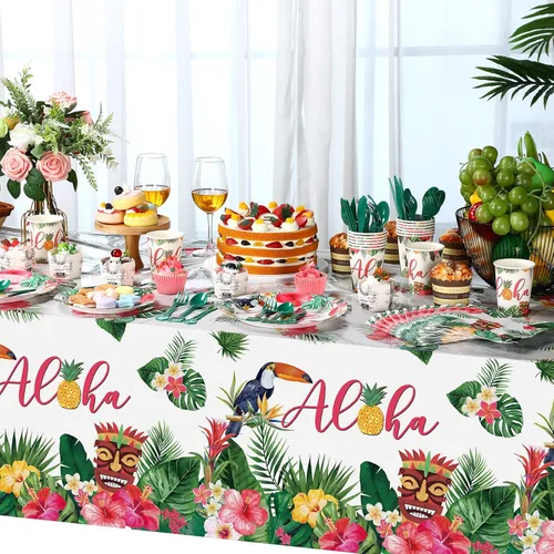 Miniatura 7 de Pajean Juego de 170 platos de papel y servilletas hawaianas Luau para decoración de fiesta, juego de cubiertos con 2 manteles Aloha Tiki