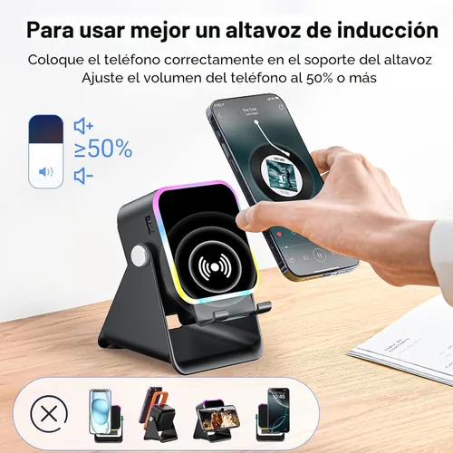 Miniatura 6 de Altavoz de inducción con soporte para teléfono 5 en 1 Audio inalámbrico de inducción Bluetooth para iPhone Android Altavoz con amplificador con luz