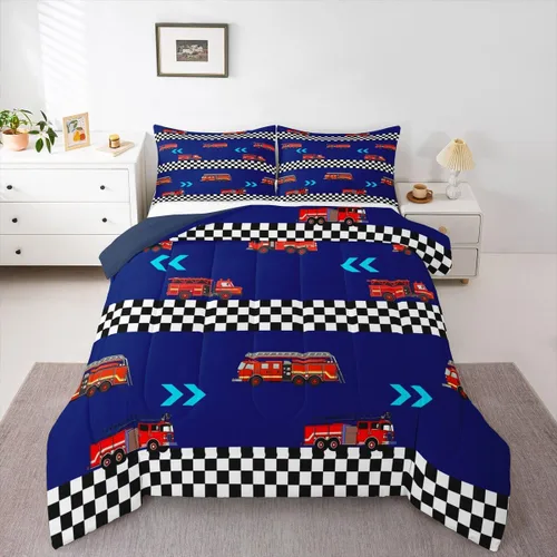 Miniatura 12 de Feelyou Juego de ropa de cama de camión de bomberos, edredón de coche de bomberos y policía para decoración de habitación de niños, tamaño Multi D05