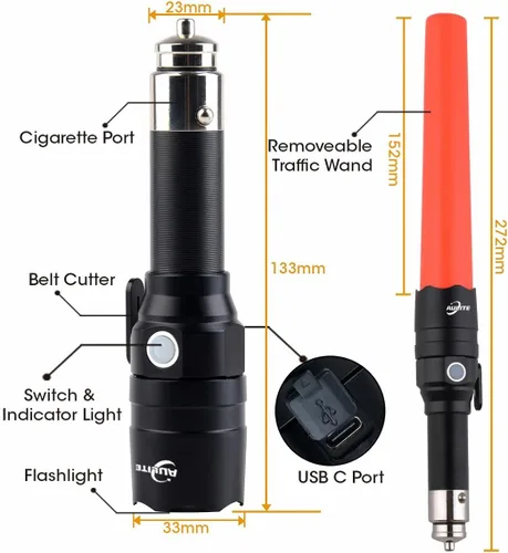 Miniatura 6 de Linterna pequeña de seguridad para tráfico, automóvil, emergencia Encendedor de cigarrillos y linterna recargable USB C con cortador de cinturón