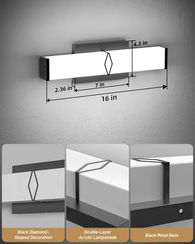 Miniatura 4 de Lámparas de baño sobre espejo, luces modernas de tocador de 16 pulgadas para baño, barra de luz LED regulable de 20 W, 2000 lm, accesorios de Negro