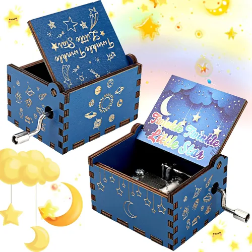 Amaxiu Caja de música de manivela de mano, caja de música de madera Twinkle Twinkle Little Star, caja musical vintage grabada a mano, mini caja de