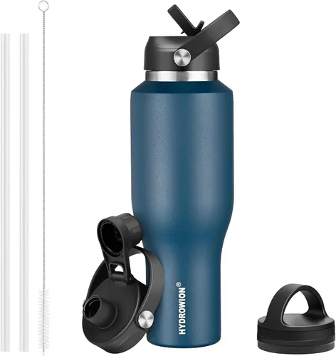Miniatura 41 de HYDROWION Botella de agua de acero inoxidable, 32 onzas, boca ancha, doble pared, aislada al vacío, con tapa de pajilla, tapa de boquilla y tapa