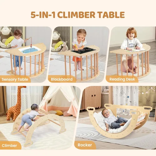 Miniatura 3 de JOYMOR Arco de escalador triangular Pikler 5 en 1 con cojín, mesa sensorial para niños, juguetes de escalada en madera montessori para niños