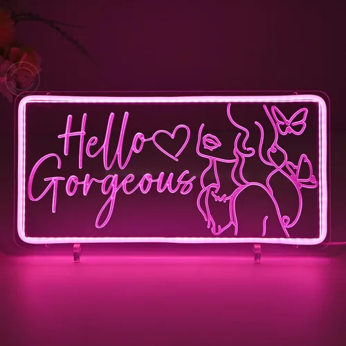 Britrio Letrero de neón Hello Gorgeous para decoración de pared, luz de neón LED rosa, señal de pared de mariposa en forma de corazón para