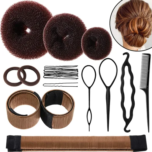 Miniatura 9 de WILLBOND Juego de moldeador de moño, 3 donas para el cabello, 2 marcadores de moño, 4 herramientas de cola de caballo, 10 pines y 2 bandas