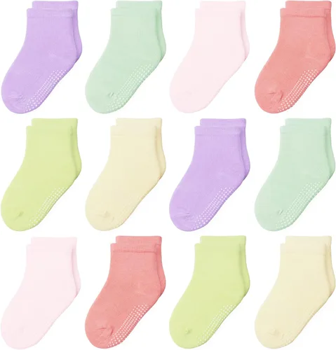 Miniatura 17 de 12 paquetes de calcetines antideslizantes para niños y bebés con agarre para niños de 1-7 años, calcetines de algodón de tripa para niños y niñas