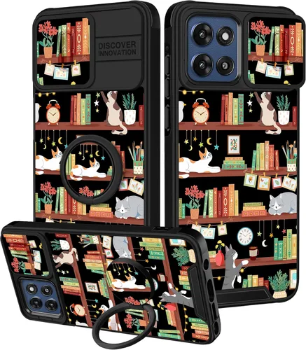 Miniatura 23 de Funermei Funda para Moto G Play 4G 2024 – Funda para teléfono para mujeres y niñas, diseño único de gato y libros, diseño único con funda