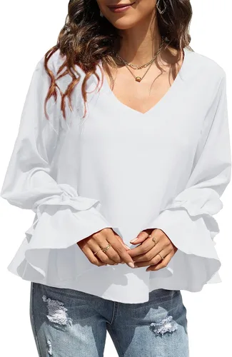 Miniatura 4 de LYANER Blusa casual de manga larga con cuello en V y volantes para mujer