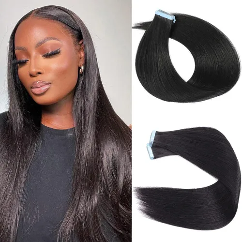 Miniatura 13 de Urbeauty 40 extensiones de cabello con cinta adhesiva, negro, ondulado, invisible, 100% cabello humano real, 3.53 oz/paquete, color negro natural