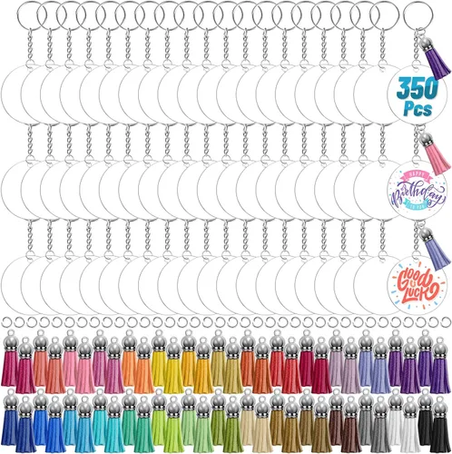 350 llaveros acrílicos en blanco Cludoo Clear Acrylic Ornament en blanco para vinilo con 60 piezas en blanco, 60 borlas de llavero, 170 anillos de