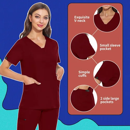 Miniatura 10 de VIAOLI Conjunto de ropa quirúrgica para mujer, camiseta con cuello en V y pantalones médicos tipo cargo para mujer, 10 bolsillos