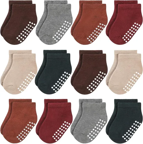 JAKIDAR 12 pares de calcetines antideslizantes de algodón para niños y niñas, suela antideslizante para bebés y niños