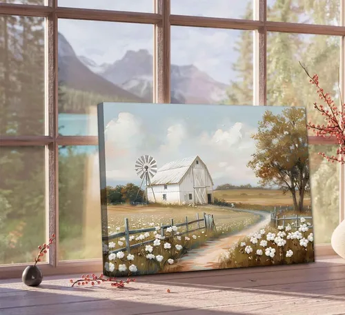 Miniatura 4 de Lienzo de granero de granja, arte de pared de granja rústica, paisaje, naturaleza, decoración, cuadros retro, campo de flores, prado, granero