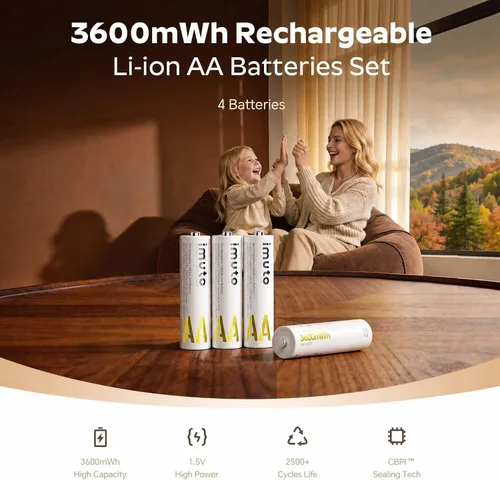 Miniatura 2 de imuto Baterías recargables AA, baterías de litio de 3600 mWh AA, paquete de 4, salida de 1.5 V 2 A, doble batería, vida útil de más de 1600 ciclos