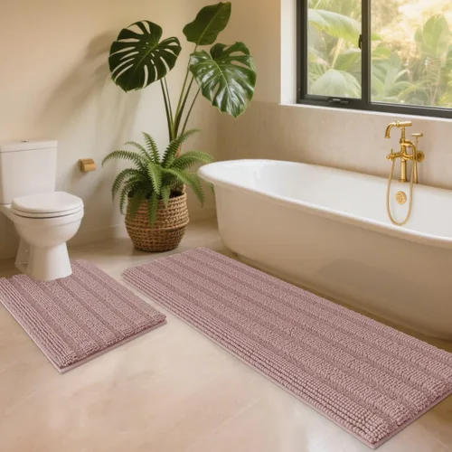 Miniatura 60 de ACCUMTEK - Juego de alfombras de baño a rayas beige de 3 piezas, ultrasuaves, antideslizantes de chenilla, alfombras de baño mullidas y absorbentes
