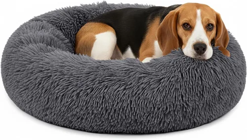 PetAmi Cama calmante para perros y gatos pequeños y medianos, cama redonda de 30 donas para perros, cama lavable y esponjosa de piel sintética para