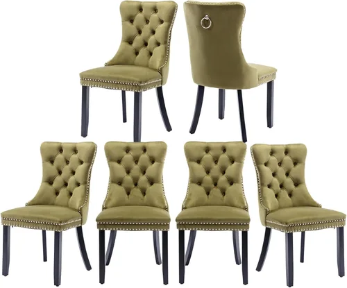 Miniatura 51 de Juego de 2 sillas de comedor de terciopelo, silla de comedor tapizada de alta gama con tirador de anillo en la espalda, adorno de clavos y patas