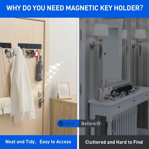 Miniatura 3 de 2 piezas de soporte magnético para llaves de pared, soporte magnético para llaves con 6 ganchos para puerta delantera de metal, soporte magnético