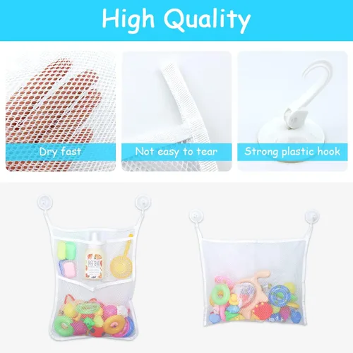 Miniatura 4 de 2 bolsas de malla para juguetes de bañera, organizador de juguetes de baño de 18 x 14 pulgadas, 4 ganchos ultra fuertes, color blanco