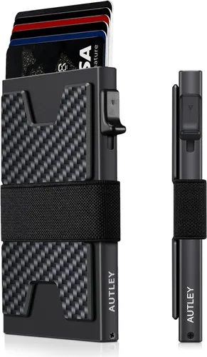 Miniatura 8 de AUTLEY Portatarjetas delgado, billetera minimalista desplegable para hombres, con bloqueo RFID y banda para efectivo (negro)