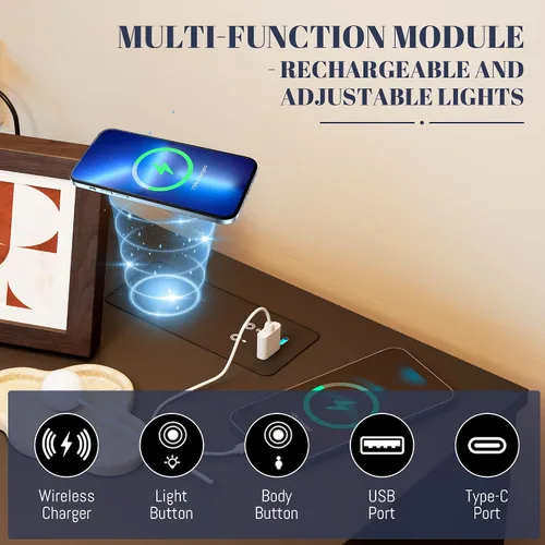 Miniatura 5 de LVSOMT Mesita de noche negra para dormitorio con estación de carga y luces LED, moderna mesita de noche con cajón oculto, mesita de noche