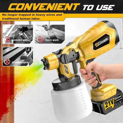 Miniatura 6 de Gisam Pulverizador de pintura HVLP inalámbrico Motor sin escobillas, 2 baterías de 4000 mAh, 5 boquillas de latón Pulverizador de pintura