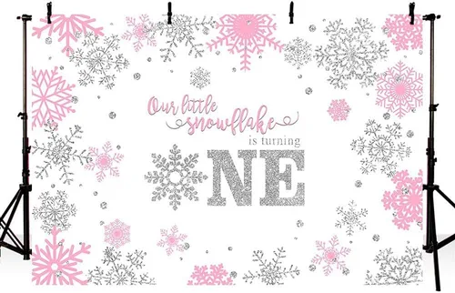 Miniatura 4 de MEHOFOND Telón de fondo de fotografía de invierno para niña, diseño de copo de nieve dulce y pequeño, feliz primer cumpleaños, rosa, plateado