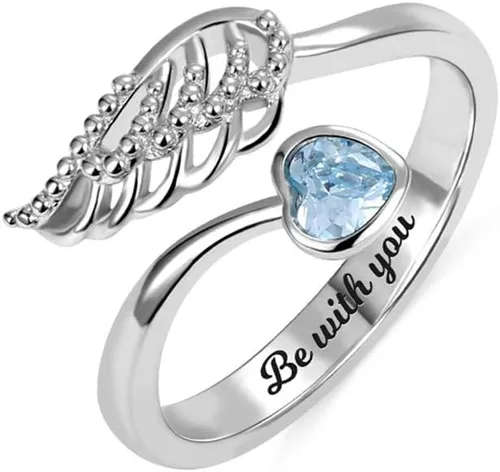 AILIN Anillos de plata de ley 925 personalizados con diseño de ala de ángel y piedra natal grabada en el interior, joyería para mujeres, regalos de