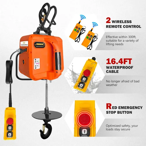 Miniatura 2 de PRO Power - Cabrestante eléctrico portátil de 1100 libras, polipasto de cable eléctrico de 30 pies, 1600 W con ganchos simples/dobles control remoto
