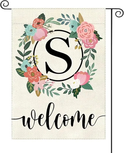 Miniatura 31 de Bandera de jardín con letra monograma, floral, 12 x 18 pulgadas, doble cara para exterior, pequeña de arpillera, familia, apellido, bandera inicial