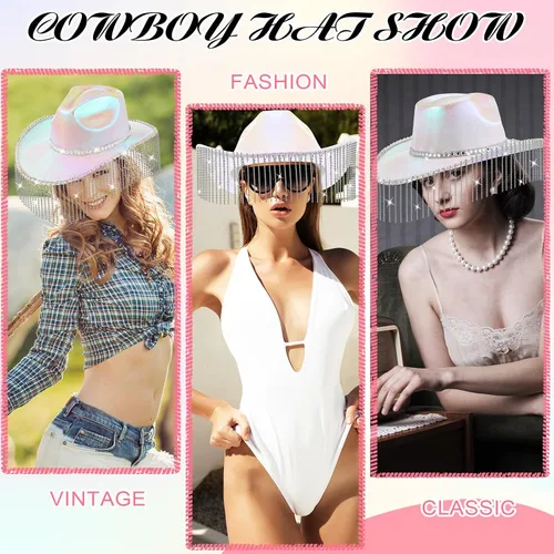 Miniatura 5 de Toulite Sombrero de vaquero con purpurina de diamantes de imitación occidentales para mujer, sombrero de vaquera con lentejuelas brillantes