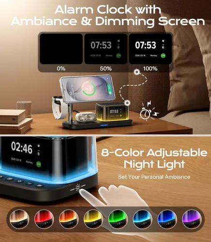Miniatura 4 de Meifigno Estación de carga 5 en 1 de 25 W para Galaxy S26 Ultra con altavoz Bluetooth, reloj despertador, luz nocturna, cargador inalámbrico