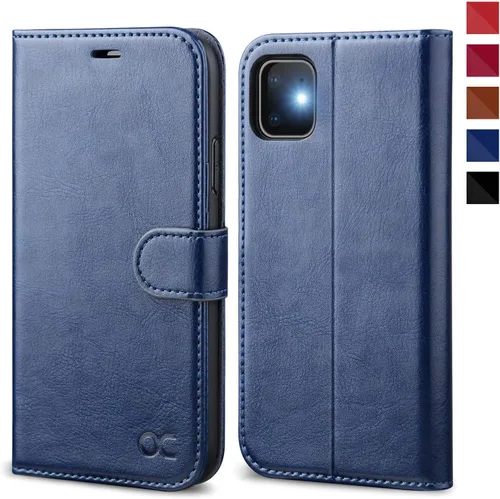 OCASE Funda tipo cartera compatible con iPhone 11 con tarjetero y soporte para tarjetas, funda de piel sintética con función atril y cierre Azul