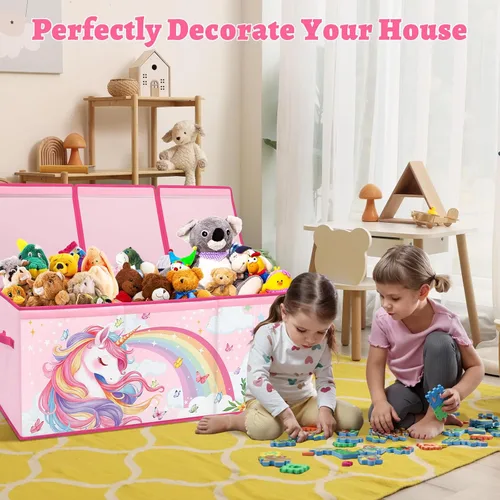 Miniatura 5 de decalsweet Caja de juguetes para niños, contenedor de almacenamiento plegable con asas para tapas para niños y niñas, caja organizadora de juguetes